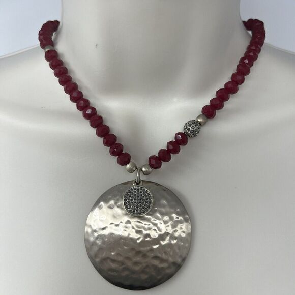 Chico's Necklace Red Beaded Pendant Chunky Adjustable Rhinestone Brass Antiqued - Picture 1 of 5